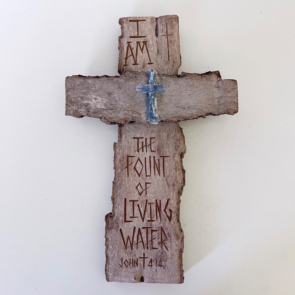 Handcarved Wall Cross Live Edge Wood Mark Levsen 11" John 4:14 Fount Of Water
